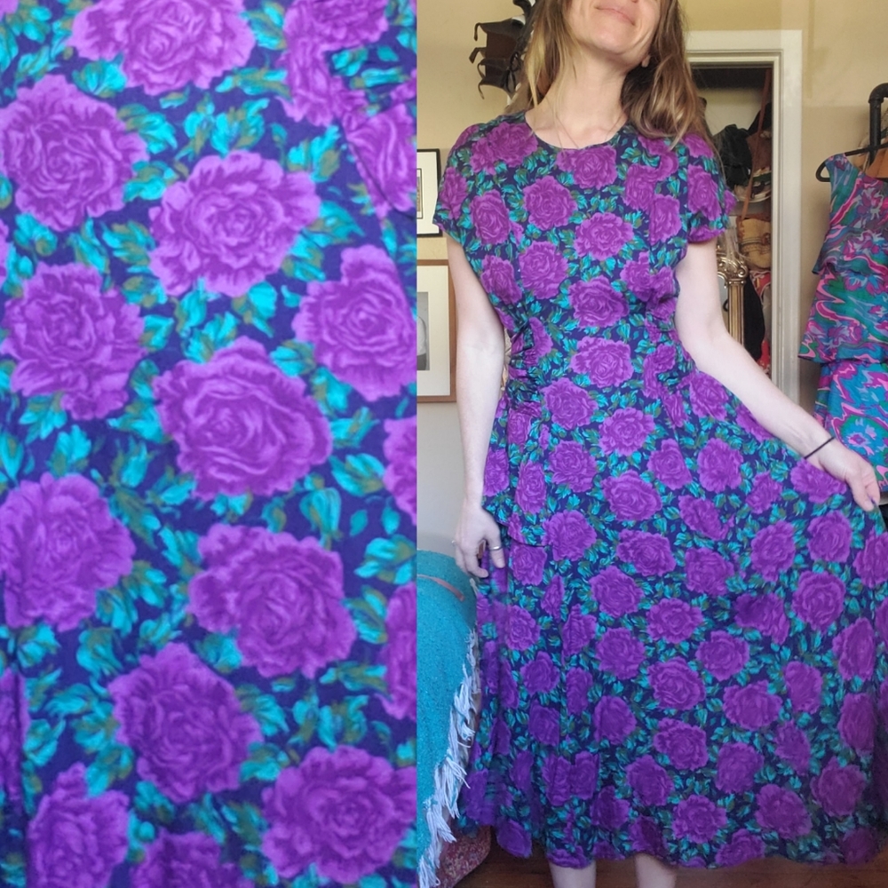 1980s does 1940s purple rose vintage dress